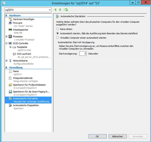 Abbildung 8: In den Einstellungen der VMs sollten Administratoren bei „Automatische Startaktion“ und bei „Automatische Stoppaktion“ festlegen, wie sich die VM beim Herunterfahren oder Starten des Hyper-V-Hosts verhalten soll. Hier lassen sich auch Startverzögerungen konfigurieren, wenn spezielle VMs zuerst starten sollen. (Bild: Joos)