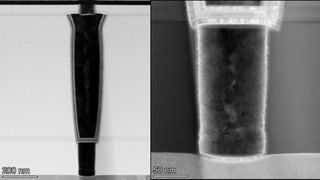 Left image: Vertical 3D FeFET memory structure with stacked cell/wordline regions of the novel transistors. Right image: SEM close-up of a nanoscale ferroelectric memory cell or capacitor structure. The improved FeRAM technologies presented by Imec are designed to enable lower operating voltages through optimized ferroelectric layers and higher storage density through vertical 3D integration. (Image:Imec)
