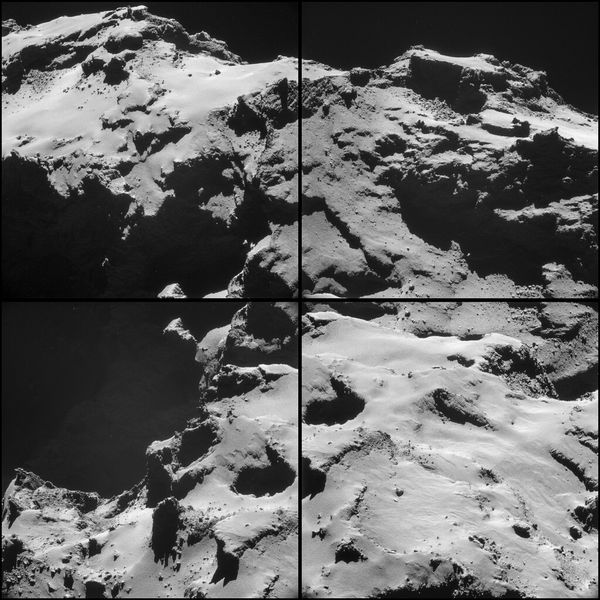 Montage aus vier Einzelaufnahmen, die die Navigationskamera an Bord der Raumsonde Rosetta am 15. Oktober 2014 vom Kometen 67P/Churyumov-Gerasimenko gemacht hat. Sie entstanden aus 9,9 km Entfernung zum Kometen. Die Bildauflösung beträgt etwa 0,63 m/Pixel. (Bild: ESA)