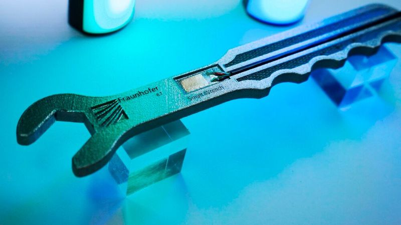 Das smarte Werkzeug ist wahr geworden! Denn das ILT hat diesen Schraubenschlüssel mit additiv gefertigten Sensoren ausgerüstet, damit er in Echtzeit etwas über sich „erzählen“ kann. Auch er kann auf der Formnext 2026 bestaunt werden. (Bild: Fraunhofer ILT)