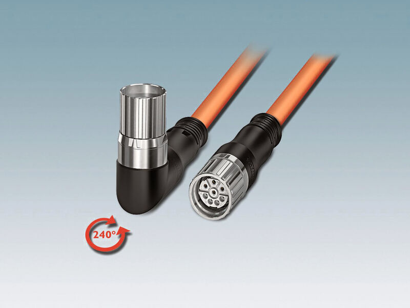 Kunststoff-umspritzte Steckverbinder in den Baugrößen M17 bis M40 - beim gewinkelten Kabelstecker M23 ist die Kabelabgangsrichtung frei einstellbar. (Phoenix Contact)