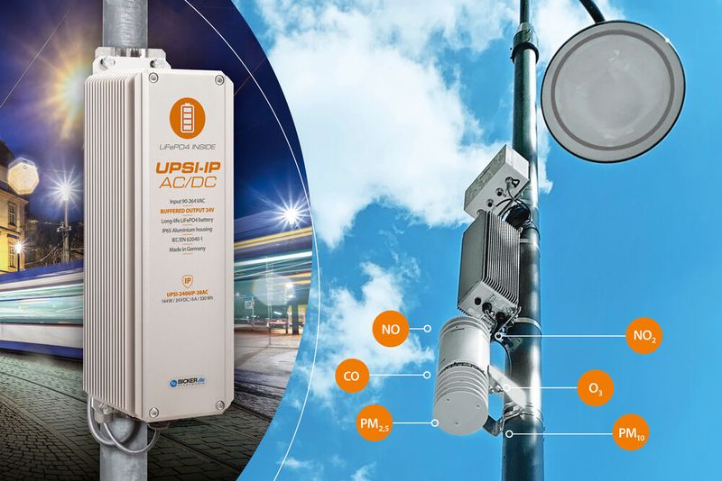 Die massgeschneiderte AC/DC-USV-Lösung UPSI-2406IP-38AC von Bicker Elektronik gewährleistet die zuverlässige 24/7-Stromversorgung der Umweltsensorik von Vaisala mit 24VDC. Das Outdoor-USV-System mit besonders langlebiger LiFePO4-Batterietechnologie wird während der Nachtstunden aus dem AC-Netzanschluss der Strassenlaterne gespeist.  (Bild: Bicker Elektronik/Vaisala/Adobe Stock Tobias Arhelger)