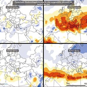Screenshot der interaktiven Web-Visualisierung von IPCC-Szenarienrechnungen: prozentuale Änderung der Sommer- und Winterniederschläge für RCP8.5 und RCP2.6(Bild:  DKRZ)