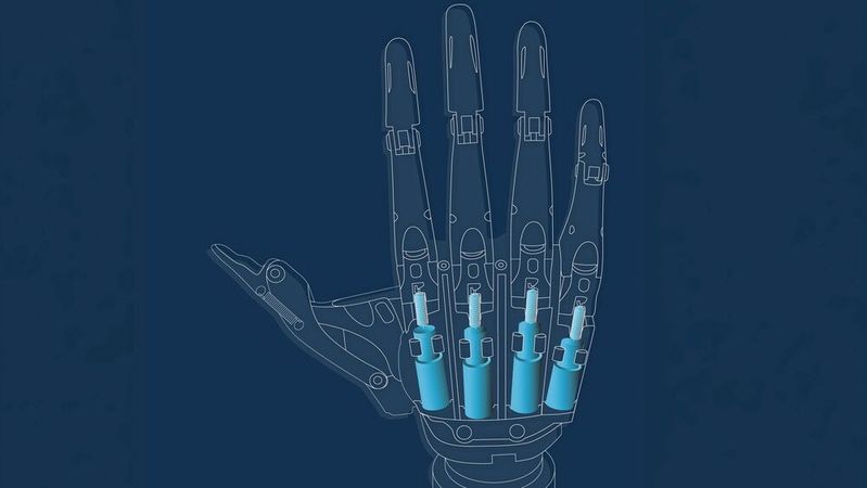 Schematische Zeichnung einer Roboterhand mit eingesetzten Motoren für die Handbewegungen.(Bild:  Faulhaber)