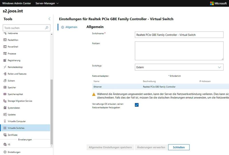 Verwalten von virtuellen Switches im Windows Admin Center. (Bild: Joos / Microsoft)