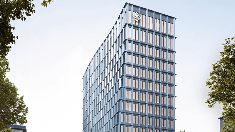 Standort München: Das geplante Hochhaus von Rohde & Schwarz würde aus dem übrigen Gebäudekomplex herausragen und einen architektonischen Akzent auch über das Betriebsgelände  hinaus setzen. (Bild:  Rohde & Schwarz)
