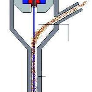 Schematische Darstellung eines Wasserstrahlschneidkopfes mit Abrasivzufuhr.