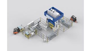 Prinzip einer Dieffenbacher-SMC-Verarbeitungsanlage (Sheet Molding Compound) für die vollautomatische Fertigung großflächiger Compositebauteile. Dazu gehören etwa Lkw-Stoßfänger oder Pkw-Heckklappen. Sie punkte durch kurze Zykluszeiten und reduziere den Ausschuss. (Dieffenbacher)