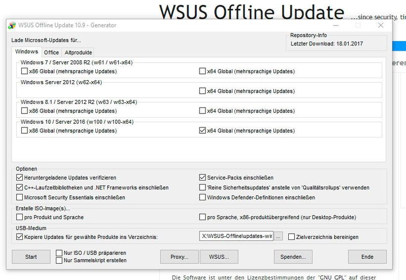 In der grafischen Oberfläche von WSUS Offline Update lassen sich die Optionen auswählen, mit denen das Tool Updates für Windows 10 aber auch für Windows Server 2016 herunterladen kann. (Joos / Microsoft)