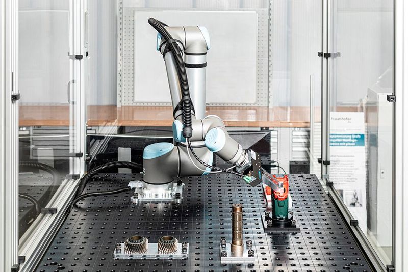 Mit dem Systembaukasten Pitasc können Montageanwendungen wie das Aufrasten oder Ineinanderschieben von Bauteilen wirtschaftlich sinnvoll automatisiert werden.
 (Fraunhofer IPA / Rainer Bez)