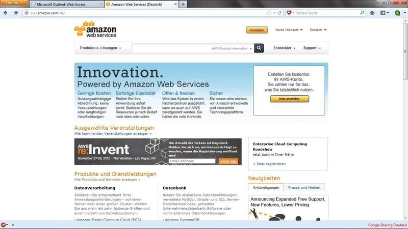 Amazon Web Services (AWS) begrüßt den Nutzer mit Angeboten, Neuigkeiten (rechts) und Login. (Archiv: Vogel Business Media)