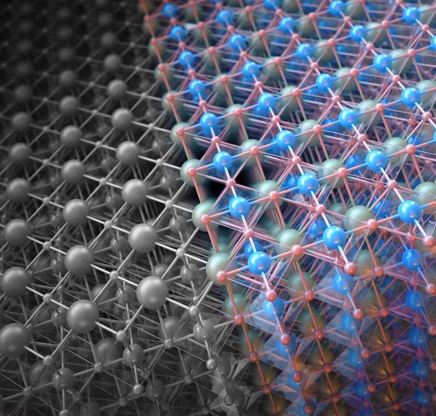 Zwei mögliche Oberflächenschichten für ein Katalysatormaterial, mit dem die Wasserspaltungs-Reaktion vereinfacht werden kann. Die graue Oberfläche ist Lanthanoxid. Die bunte Oberfläche ist Nickeloxid, das durch eine Umlagerung seiner Atome während der Reaktion doppelt so aktiv ist wie die Lanthanoxidoberfläche - ein Phänomen, das sich die Forscher zunutze machen wollen, um bessere Katalysatoren zu entwickeln. Die Lanthanatome sind in grün, Nickel in blau und Sauerstoff in rot abgebildet. (CUBE3D Graphic)