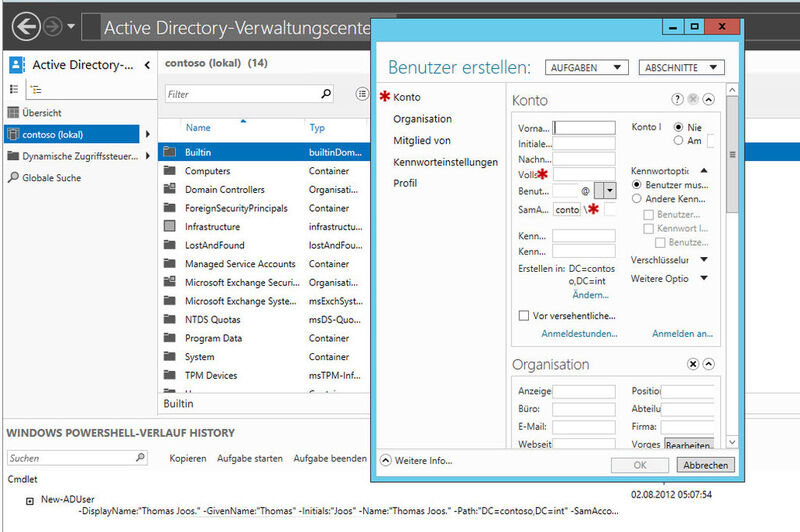 Das Active Directory Administrative Center bietet in Windows Server 2012 viele neue Möglichkeiten, zum Beispiel die Verwaltung des AD-Papierkorbs und der neuen dynamischen Rechtekontrolle (DAC). Befehle im Center lassen sich als PowerShell-Befehl anzeigen. (Archiv: Vogel Business Media)