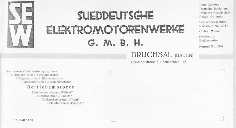 1931 wurden die Süddeutschen Elektromotorenwerke gegründet.  (SEW-Eurodrive)