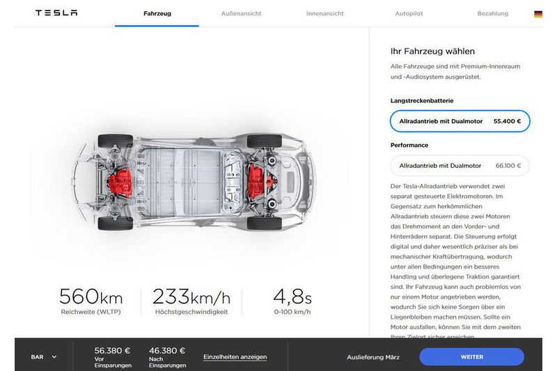 Tesla hat den Konfigurator für das Model 3 nun auch in Europa live geschaltet. (Screenshot www.tesla.com)