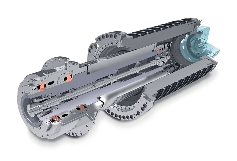 Zum Leistungsfräsen bietet der Duoblock-Baukasten eine Getriebespindel mit SK50/HSK-A100-Aufnahme, 1600 Nm Drehmoment, 52 kW Leistung und maximal 8000 min-1 sowie als Motorspindelvariante das neue Power-Master-1000-Aggregat mit einem Drehmoment von bis zu   1000 Nm, 9000 min-1 Maximaldrehzahl und bis zu 77 kW Leistung. (Bild: DMG Mori)