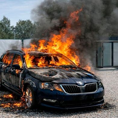 So ähnlich könnte das mit künstlicher Intelligenz erzeugte Foto des brennenden Skodas ausgesehen haben.  (Bild: Chatgpt / KI-generiert)