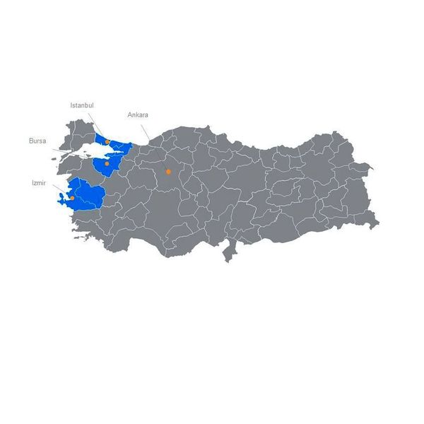 Political map of Turkey. The Turkish tool and die industry centers in the Marmara region, in the greater area of Istanbul, Bursa and Izmir and works primarily for the domestic producing industry. It is an interesting alternative to procurement in Asia for less complex tools and an extended workbench. (WBA)