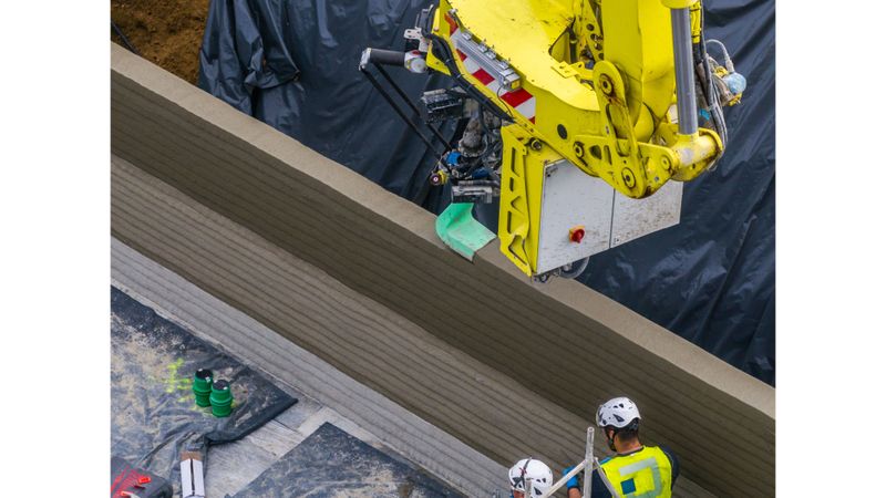 Der Drucker Instatiq P1 verbindet bewährte Baumaschinentechnik mit hochpräziser Robotik und setzt digitale Entwurfsdaten direkt auf der Baustelle um. (Bild:  © Aleksej Keksel)