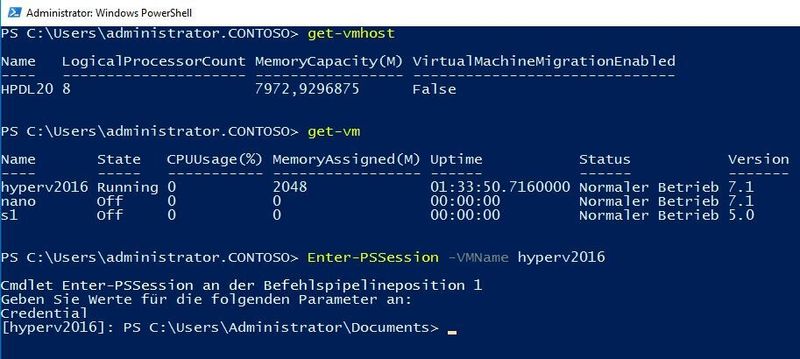 PowerShell Direct ermöglicht die Ausführung von PowerShell-Befehlen vom Host aus auf den VMs. (Joos / Microsoft)