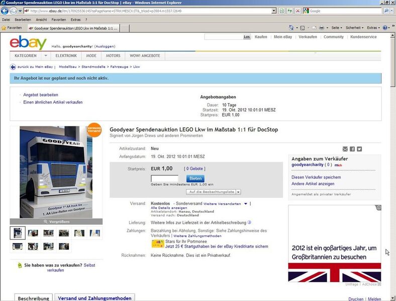Mit einem symbolischen Preis von 1 Euro ging der Lego-Lkw von Goodyear am 19. Oktober 2012 bei Ebay an den Auktionsstart. (Bild: Goodyear)