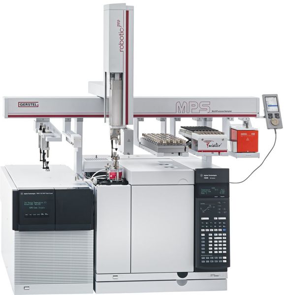 Abb. 3: Ein Gerät für alle Fälle: Mit einem GC/MS-System (Agilent Technologies) lassen sich unter Einsatz des Multi-Purpose-Samplers (Gerstel) Twister aus der HSSE und der SBSE vollautomatisiert über die TDU2 (Gerstel) analysieren. Die SPME-Option ist ebenfalls verfügbar.  (Gerstel)