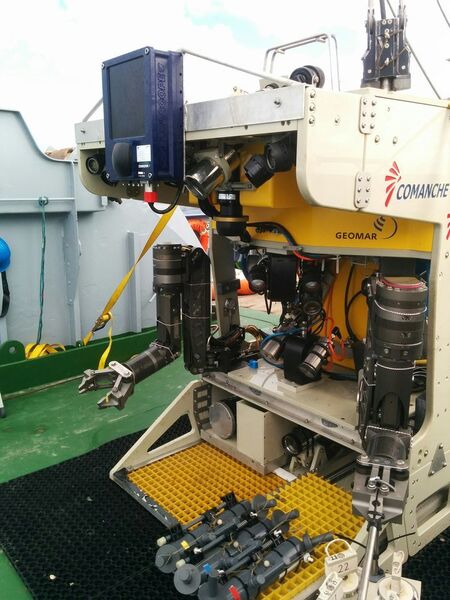 Ein spezielles Imaging-Sonar adaptiert am ROV PHOCA für hochpräzise Kartierung von Gasaustritten. (Jens Schneider von Deimling, Uni Kiel)