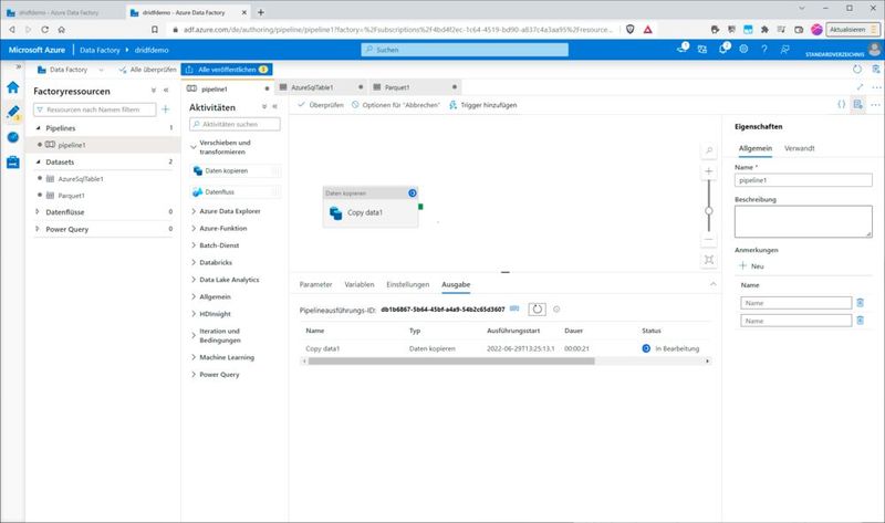 Nun sehen wir im Tab „Ausgabe“ erst einmal die ID der Pipelineausführung sowie Startzeit und Dauer. Der Typ ist „Daten kopieren“. (Bild: Drilling / Microsoft)