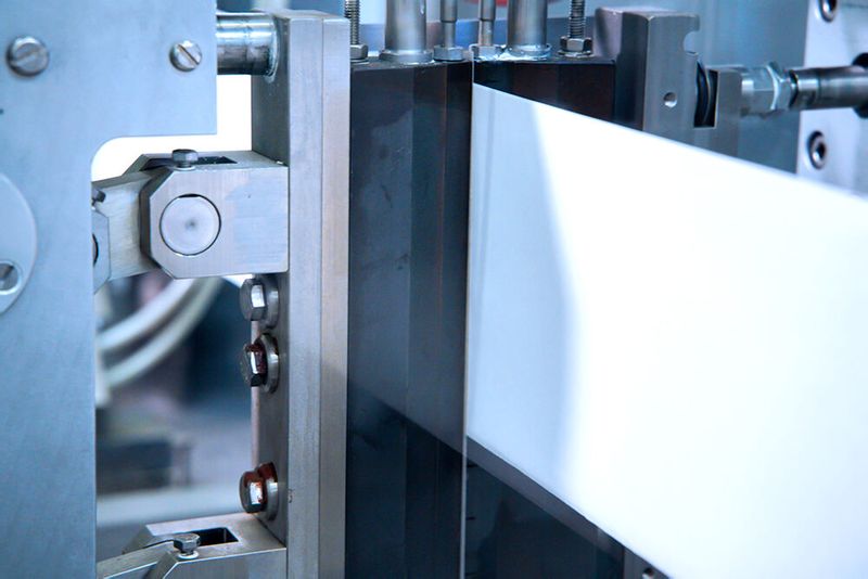 Hier sieht man, wie eine zuvor per Laser aktivierte Papierbahn durch das sogenannte Wärmekontakt-Siegelverfahren verschlossen wird. Zuckerartige Spaltprodukte, die zuvor mittels Laserbestrahlung erzeugt wurden, machen das ohne Klebstoffe möglich. (Bild: Fraunhofer IVV)