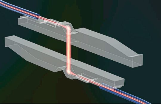 Bild 1:  Das Steckkonzept EBO weitet beim Übergang von einer Faser auf die andere den Lichtstrahl auf und fokussiert ihn dann wieder.(Bild:  Rosenberger)