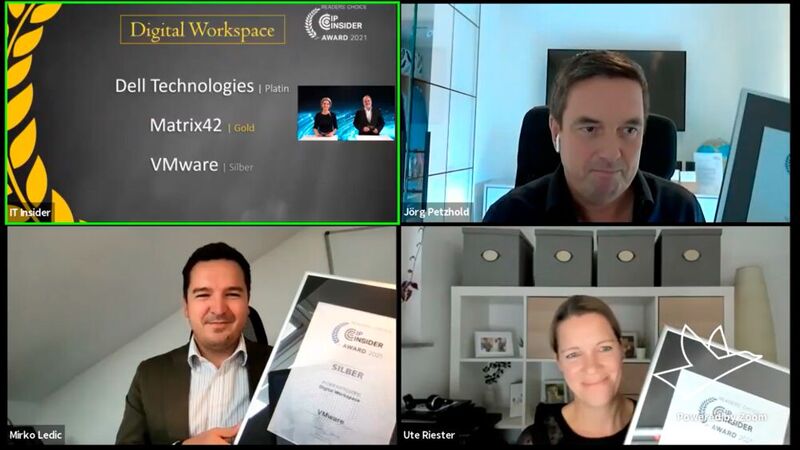 Die Gewinner der IP-Insider-Awards aus der Kategorie „Digital Workspace“: Ute Riester (Dell Technologies) [unten rechts; Platin], Jörg Petzhold (Matrix42) [oben rechts; Gold] und Mirko Ledic (VMware) [unten links; Silber]. (Vogel IT-Medien)