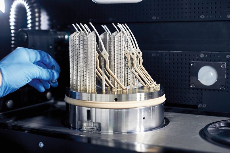 Vierzehn Einzelteile, für sieben medizinische Zangen, lassen sich in der Truprint 2000 von Trumpf in einem Arbeitsgang drucken. Die dafür notwendigen Stützen werden im Nachgang entfernt.  (Benedikt Schnermann/Trumpf)