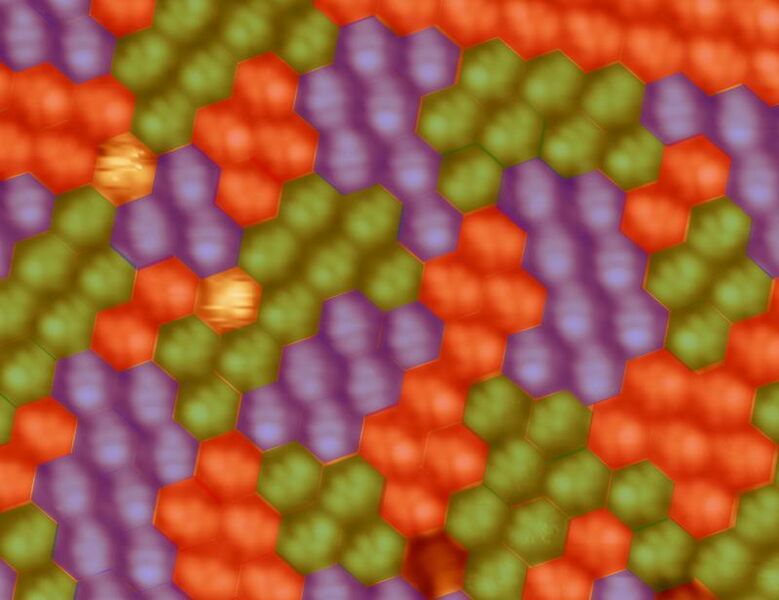 Aufgebracht auf einer Oberfläche bilden Metallofullerene geordnete Inseln identisch orientierter Moleküle. Zur besseren Visualisierung wurde die Aufnahme des Rastertunnelmikroskops eingefärbt - pro Orientierung der Moleküle eine Farbe.  (Bild: Empa)