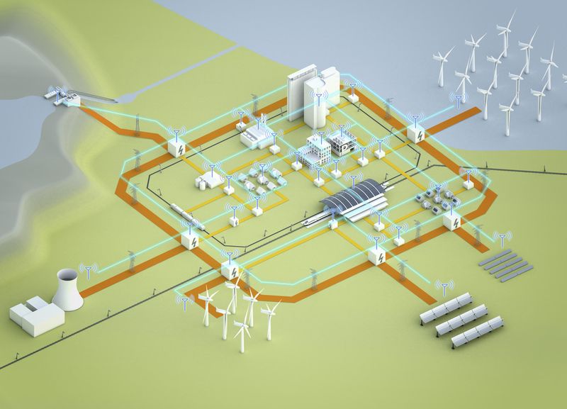 Ein intelligentes Stromnetz, ein Smart Grid, sorgt dafür, dass sich durch einen Energiefluss in beide Richtungen – von Erzeugern zu Verbrauchern und umgekehrt – (orange Linie) und einen bidirektionalen Kommunikationsdatenfluss (blaue Linie) erneuerbare Energiequellen besser ins Netz integrieren lassen. Während bei konventionellen Stromversorgungsnetzen die Erzeugung dem Verbrauch folgt, steuert ein Smart Grid auch den Verbrauch – abhängig von der Verfügbarkeit der elektrischen Energie im Netz. (Siemens)