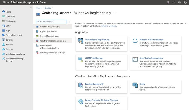 Das Intune Admin Center bündelt unter 