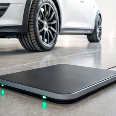 Symbolic image: A retrofitted EV charges wirelessly via the ground-embedded coil, with the charging process starting automatically once the vehicle is positioned correctly. (Source: © Johnnii - stock.adobe.com)