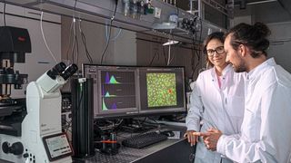 Prof. Berna Özkale Edelmann und Doktorand Philipp Harder diskutieren im Microrobotic Bioengineering Lab wissenschaftliche Ergebnisse. (Bild: Astrid Eckert,  TU Muenchen)