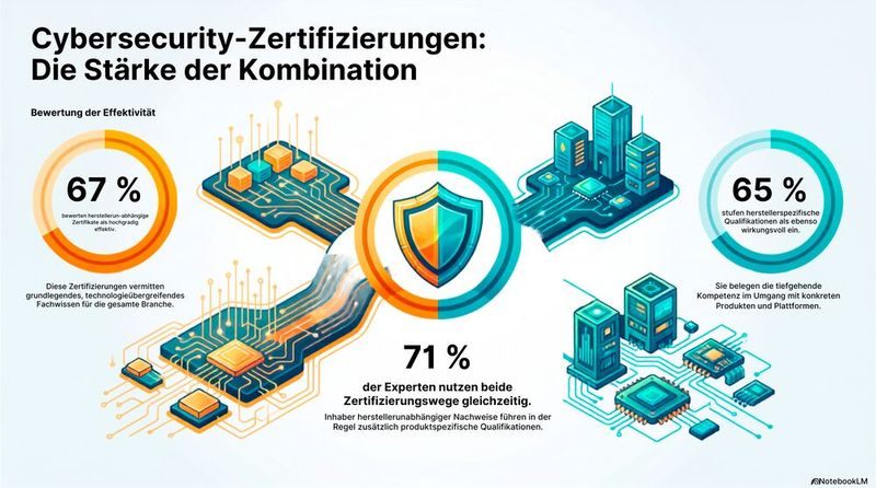 Fachkräfte können meist herstellerunabhängige und herstellerspezifische Zertifizierungen nachweisen. Beide Qualifikationen sorgen für Glaubwürdigkeit und dienen als Nachweis für Projektaufträge. (Bild: Gemini / KI-generiert)