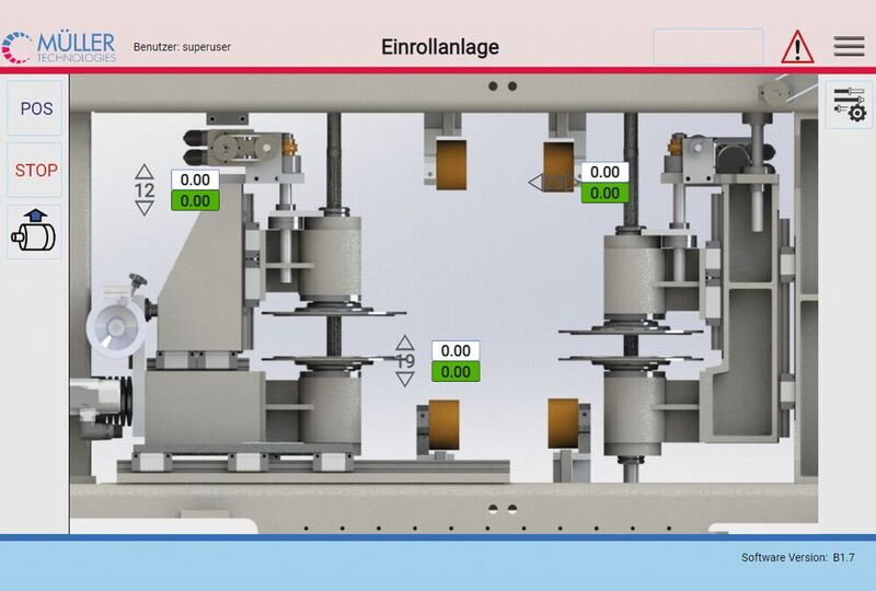 Übersichtsbild der Einrollmaschine mit Einstellmöglichkeiten der Positionen für die Servoantriebe.  (Bild: Sigmatek)