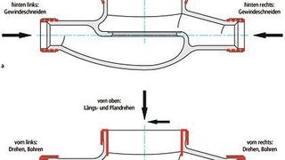 Bild 1: Wasserzählergehäuse von hinten (oben) und von vorne (unten) mit Dreiwegebearbeitung in beiden Stationen. Bild: Tönshoff (Archiv: Vogel Business Media)