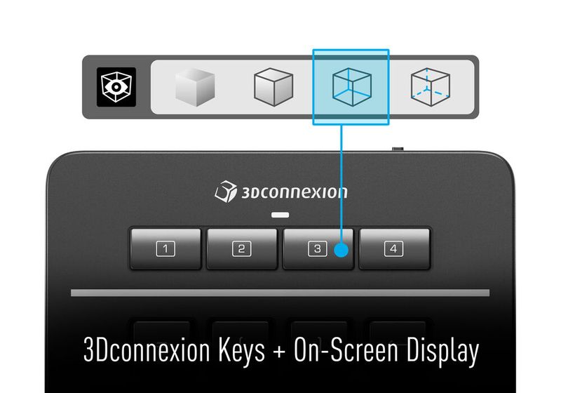 ... und vier zusätzliche Funktionstasten für anwendungsspezifische Befehle sorgen für mehr Effizienz und Ergonomie beim Arbeiten. (Bild: 3D Connexion)
