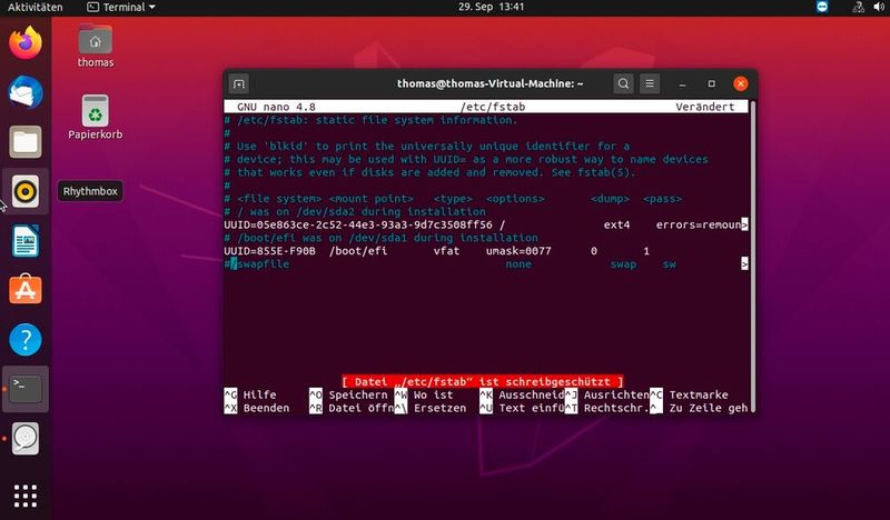 Die Datei „/etc/fstab“ steuert die Einbindung von Datenträgern beim Systemstart und lässt sich nur mit Root-Rechten verändern. (Bild: Joos)