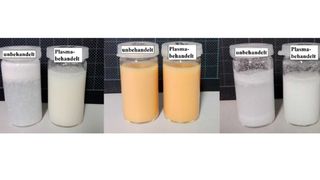 Dispersionen von 10 g/l PEEK (links), 10 g/l PI (mittig) und 30 g/l hBN (rechts) in H2O, Bilder aufgenommen zwei Minuten nach der Zugabe der Pulver (Bild: Innovent e.V.)