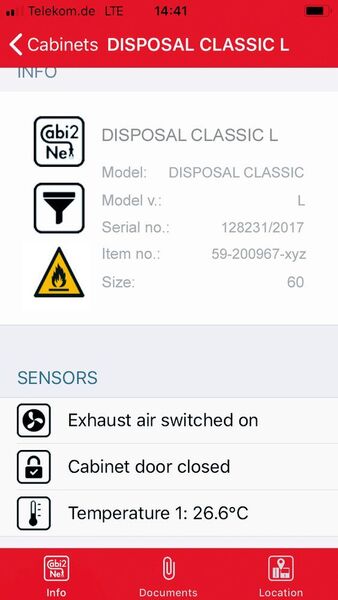 3 Example screen of a safety cabinet: Below you can see the sensor information for exhaust air, cabinet door and temperature. (Düperthal)