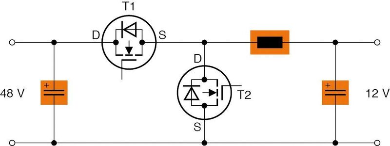 Bild 2, Prinzipschaltbild eines Buck-Boost-Konverters: Neben den Schalttransistoren sind Leistungsinduktivitäten und Speicherkondensatoren Schlüsselkomponenten für Buck-Boost-Konverter. (TDK Corporation)
