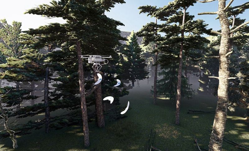 Vergängliche Datensammler: Bio-Gleiter werden von einer Drohne im Wald verteilt. Wenn sie den Boden erreichen, senden sie Umweltdaten, bis sie schließlich von Bodenorganismen zersetzt werden.  (Bild: Empa)