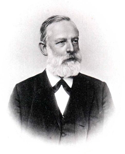Lothar Meyer im Jahr 1890. Er arbeitete im Vorgängerinstitut des KIT, dem Polytechnikum Karlsruhe, und wurde als Mitbegründer des Periodensystems bekannt. Nach ihm 
wurde zwar kein Element benannt, aber das seltene Mineral „Lotharmeyerit“ trägt seinen Namen.  (gemeinfrei)