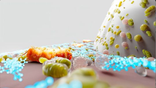 P. gingivalis (orange), der Inhaltsstoff (blau) und gesundes Mikrobiom am Übergang von Zahnfleisch zu Zahn(Bild:  © PerioTrap)