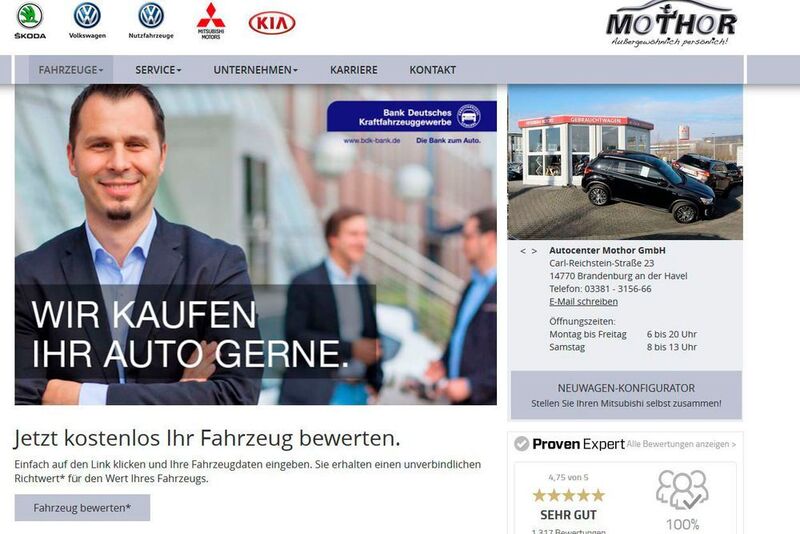Die Webseite des Autohauses Mothor ist übersichtlich gestaltet. Prominent platziert sind die Kundenbewertungen von Proven Expert.  (Mothor)