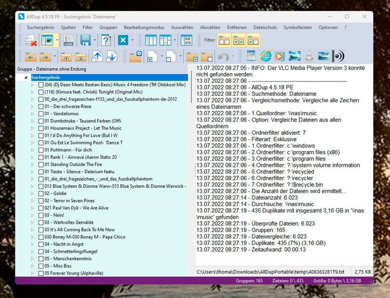 AllDup zeigt doppelt gefundene Dateien und gibt an, wie viel Speicherplatz freigegeben werden kann. (Bild: Joos (Screenshot))